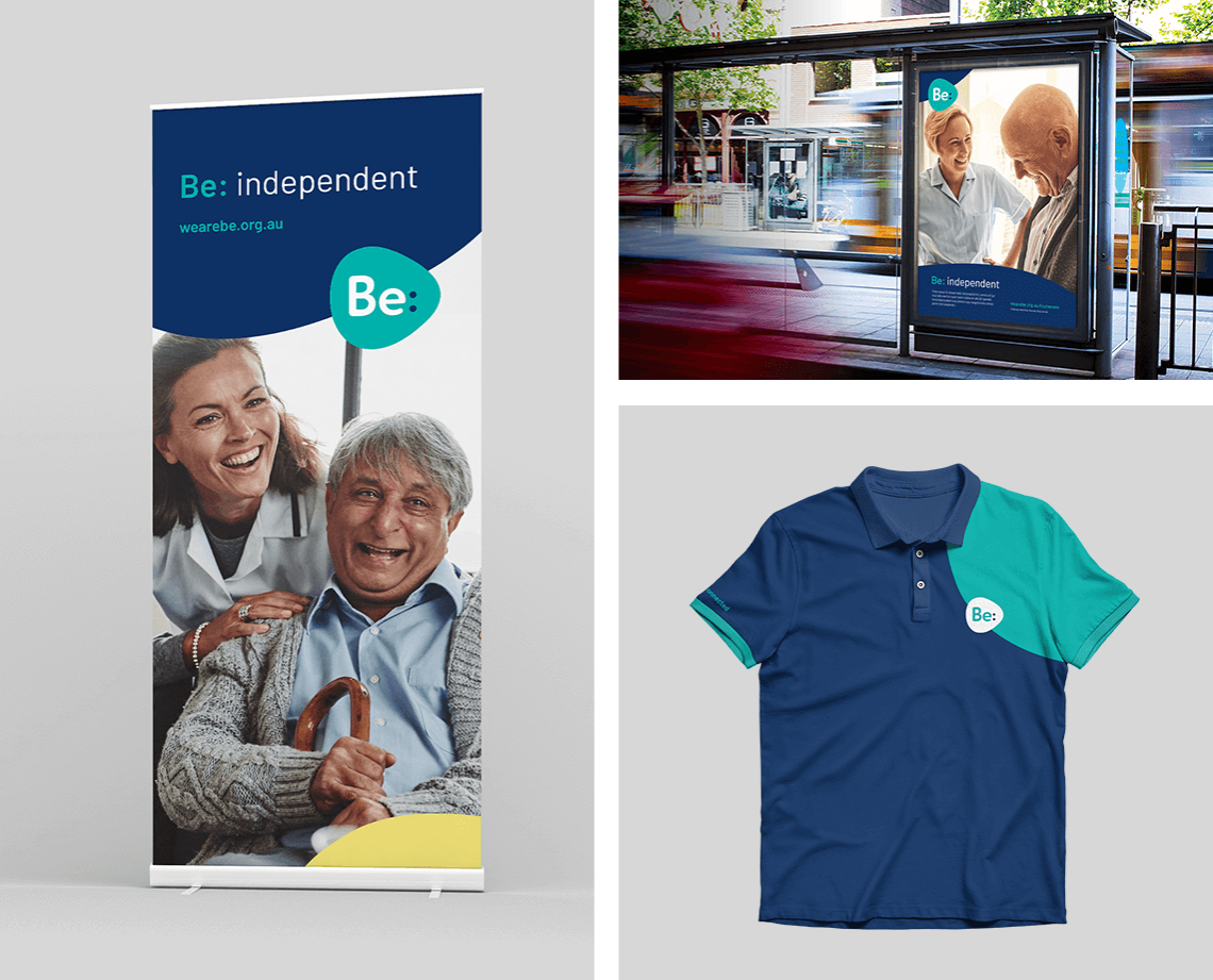 Be brand applied to print banner, Adshel and uniform